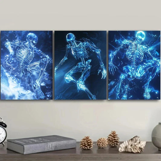 3pcs Abstract Neon Stunning Blue Skeletons Metal Print Ready to Hang Art