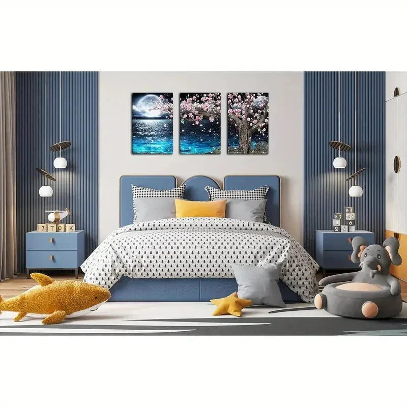 3pcs Moonlit Ocean & Cherry Blossom Metal Print Ready to Hang Art
