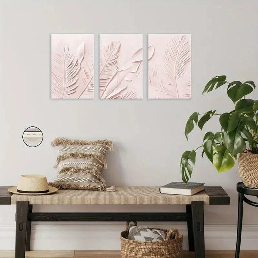 3pcs Modern Farmhouse Style Peach Feather Texture Metal Print Ready to Hang Art
