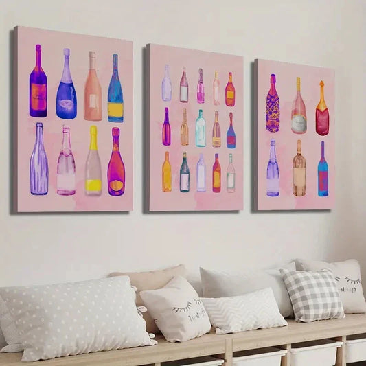 3pcs Beautiful Girly Wine Bottle Bar Cart Wall Art Set Canvas Framed 40x60cm - High Quality Print 100% Australian Made Wall Canvas Ready to Hang