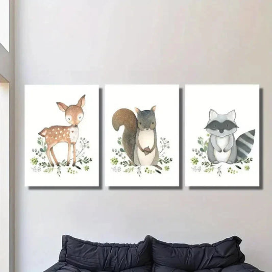 3pcs Cute baby deer squirrel raccoon watercolor Metal Print Ready to Hang Art
