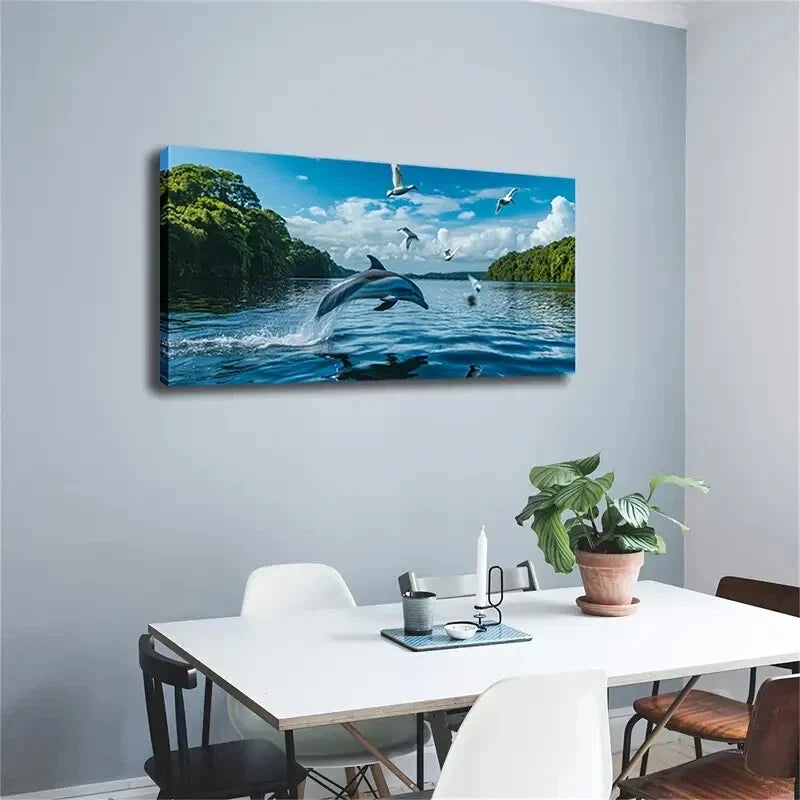 A Dolphin Leaps Out The Water Wall Art Canvas Office Home Room Framed 120x60cm