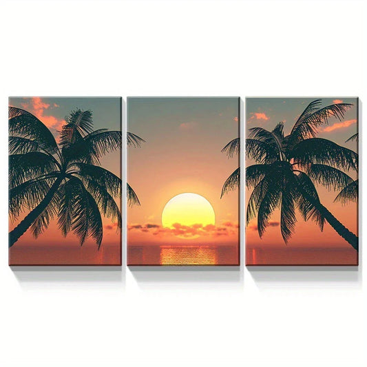 3pcs Beach Palm Tree Ocean Sunset Coastal Metal Print Ready to Hang Art
