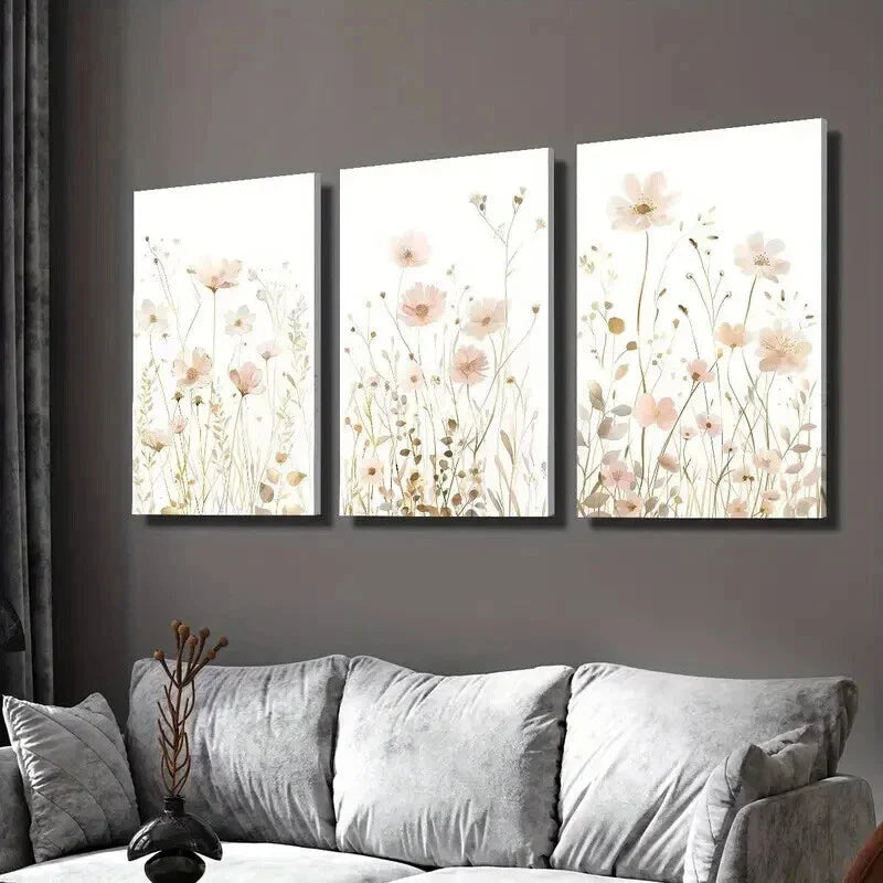 3pcs Soft Pink And Golden Wildflowers Wall Art Set Canvas Framed 40x60cm - High Quality Print 100% Australian Made Wall Canvas Ready to Hang