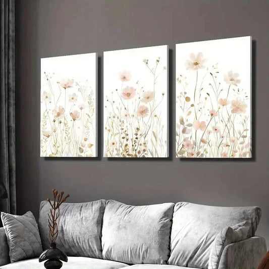 3pcs Soft Pink And Golden Wildflowers Wall Art Set Canvas Framed 40x60cm - High Quality Print 100% Australian Made Wall Canvas Ready to Hang