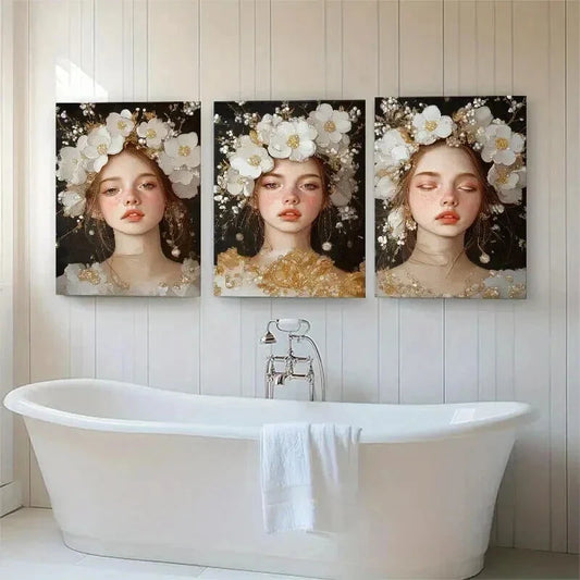 3pcs Woman in Floral Headpiece Dreamy Perfect Wall Art Set Canvas Framed 40x60cm - High Quality Print 100% Australian Made Wall Canvas Ready to Hang