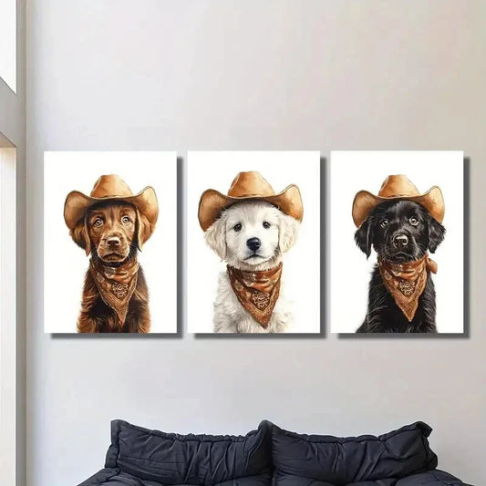 3pcs Dog, cowboy hat, portrait, Metal Print Ready to Hang Art