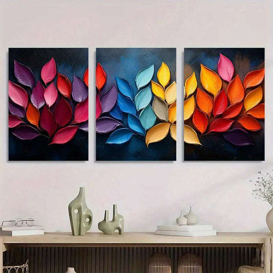 3pcs Vibrant Abstract Floral Colorful Leaves Metal Print Ready to Hang Art