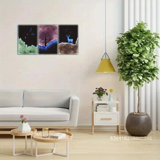 3pcs Sika deer, landscape art Metal Print Ready to Hang Art