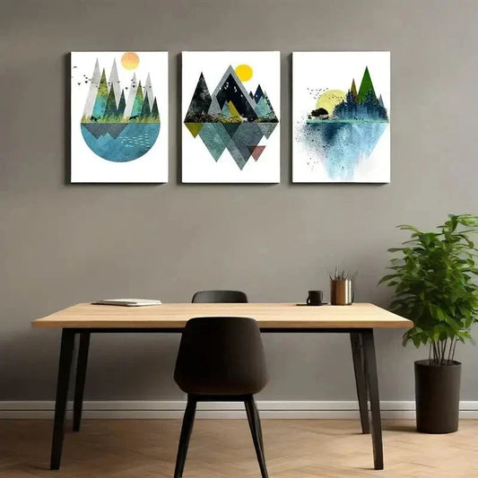 3pcs  Abstract Geometric Mountain Landscape Metal Print Ready to Hang Art