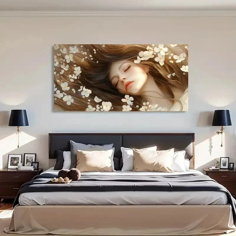 Sleeping Woman & White Flowers Wall Art Canvas Office Home Room Framed 120x60cm