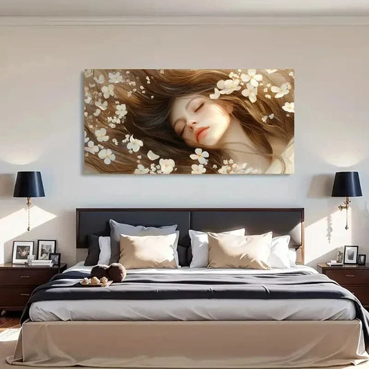 Sleeping Woman & White Flowers Wall Art Canvas Office Home Room Framed 120x60cm