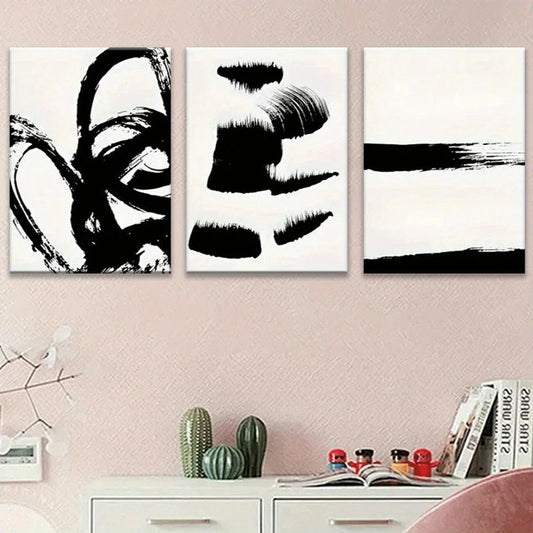3pcs Abstract Black Brush Strokes Metal Print Ready to Hang Art