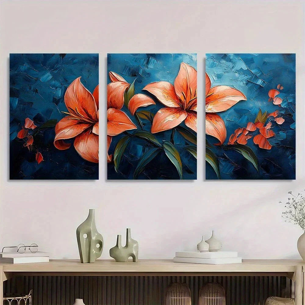 3pcs Lily Flower Colourful Green Leaves Metal Print Ready to Hang Art