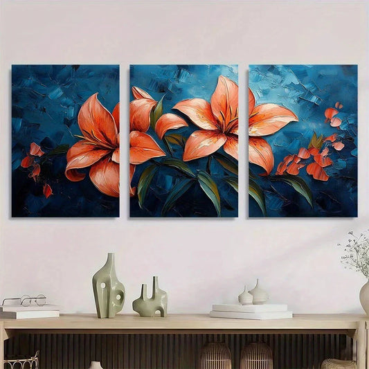 3pcs Lily Flower Colourful Green Leaves Metal Print Ready to Hang Art