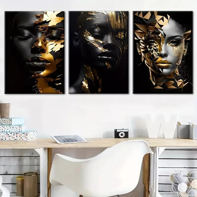 3pcs Abstract Golden Decoration of African Women Wall Art Set Canvas Framed 40x60cm - High Quality Print 100% Australian Made Wall Canvas Ready to Hang