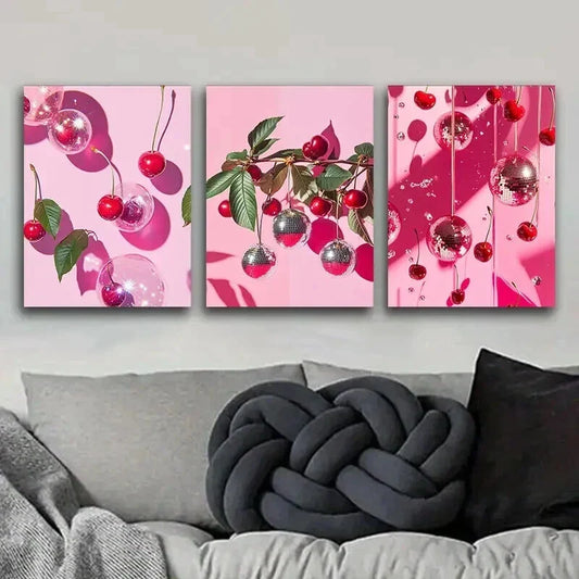 3pcs Cherry and Disco Ball Pink Colorful Sweet Wall Art Set Canvas Framed 40x60cm - High Quality Print 100% Australian Made Wall Canvas Ready to Hang