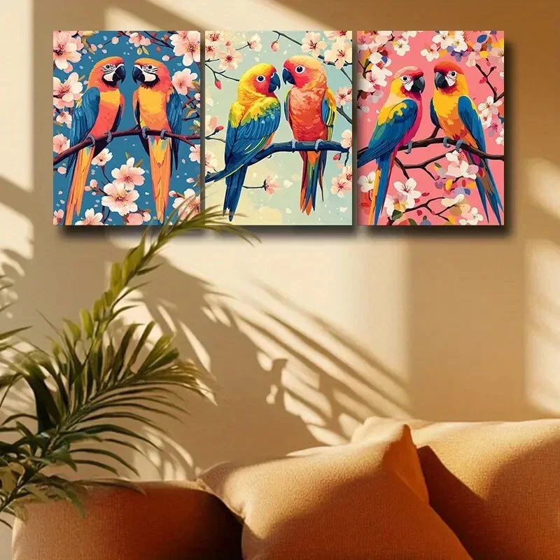 3pcs Two Vibrant Parrots with Florals Design Metal Print Ready to Hang Art