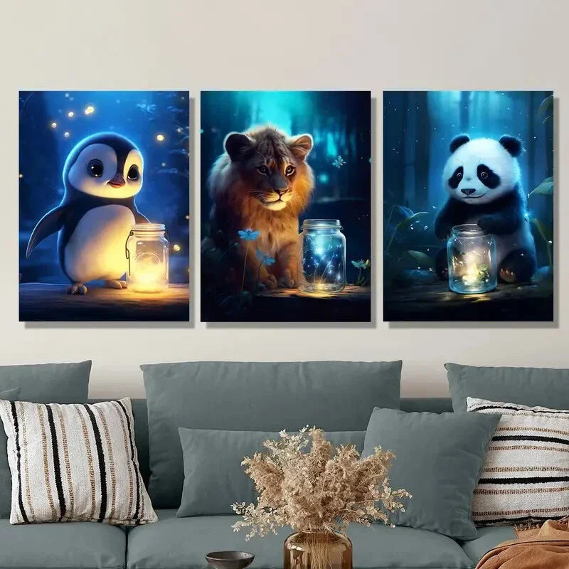 3pcs Enchanted Forest Creatures with Luminous Ink Metal Print Ready to Hang Art