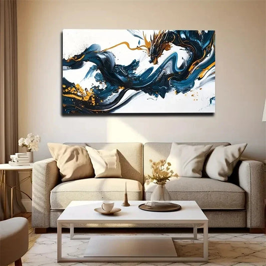 Blue Black Golden Abstract Wall Art Canvas Office Home Room Framed 120x60cm