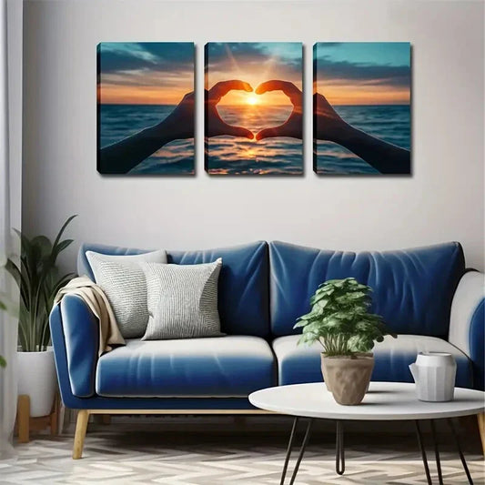 3pcs Hands Forming Heart Silhouette at Sunset Metal Print Ready to Hang Art