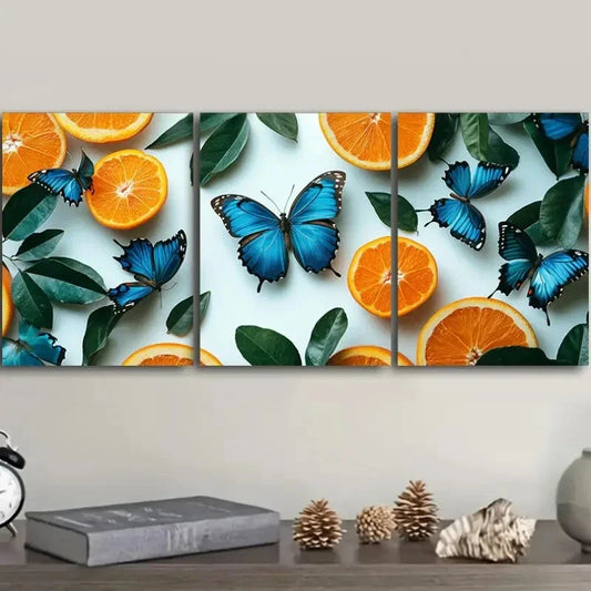 3pcs Blue Butterflies & Orange Limbs Metal Print Ready to Hang Art