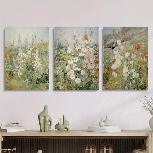 3pcs Vintage spring wildflower field, Metal Print Ready to Hang Art