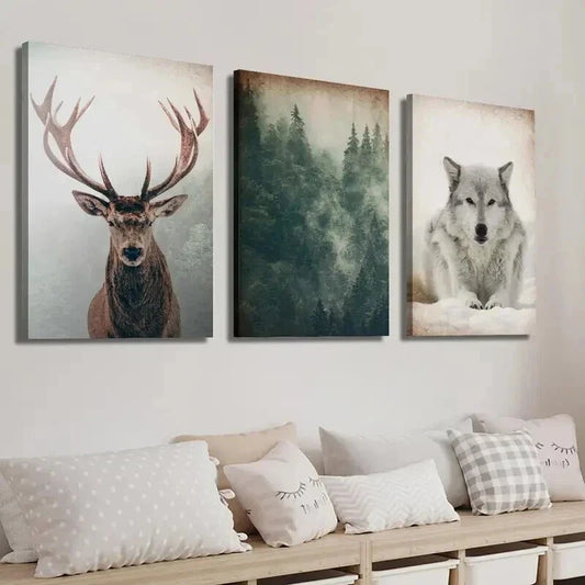 3pcs Vintage Forest and Animals Deer and Wolf Wall Art Set Canvas Framed 40x60cm - High Quality Print 100% Australian Made Wall Canvas Ready to Hang
