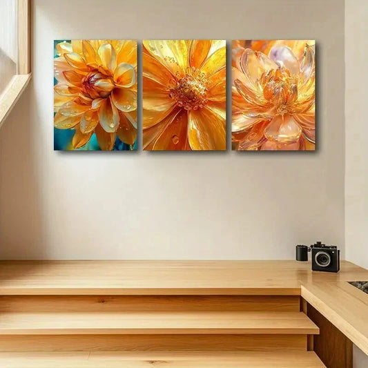 3pcs Golden Flower with Water Drops Metal Print Ready to Hang Art