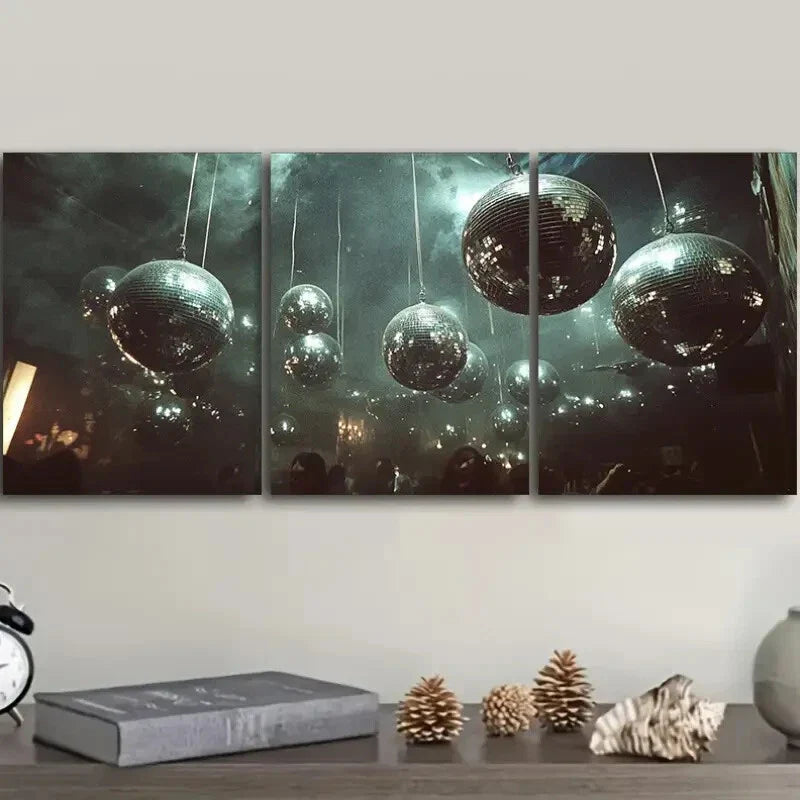 3pcs Silver disco balls hang from the ceiling  Wall Art Set Canvas Framed 40x60cm - High Quality Print 100% Australian Made Wall Canvas Ready to Hang