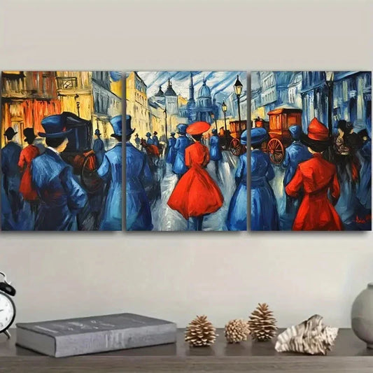 3pcs  Vibrant Market Scene with People in Red Blue Metal Print Ready to Hang Art