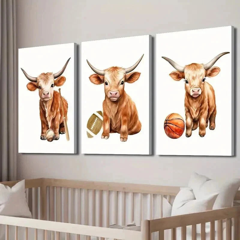 3pcs Cow Baseball Football Basketball Wall Art Set Canvas Framed 40x60cm - High Quality Print 100% Australian Made Wall Canvas Ready to Hang