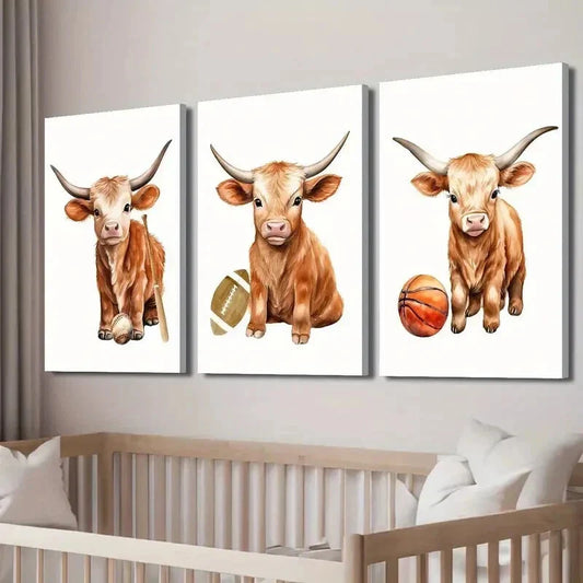 3pcs Cow Baseball Football Basketball Wall Art Set Canvas Framed 40x60cm - High Quality Print 100% Australian Made Wall Canvas Ready to Hang