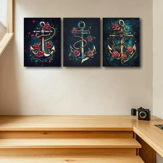 3pcs An Anchor with Roses Design Metal Print Ready to Hang Art