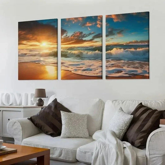 3pcs Ocean Waves & Sandy Shoreline at Sunset Wall Art Set Canvas Framed 40x60cm - High Quality Print 100% Australian Made Wall Canvas Ready to Hang