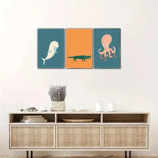3pcs Beluga Octopus Crocodile Neutral Jungle Metal Print Ready to Hang Art