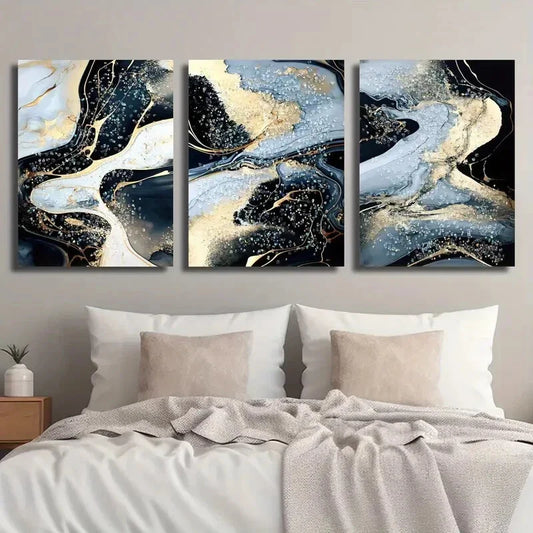 3pcs Golden Fluid Design Black & Golden Metal Print Ready to Hang Art