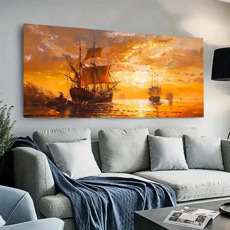 Boat,Fisherman & Sea View wall canvas office home room framed 80x45cm