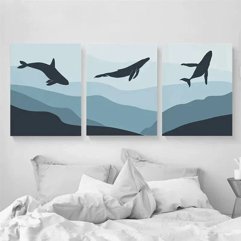 3pcs Ombre Blue Triptych Whale Metal Print Ready to Hang Art