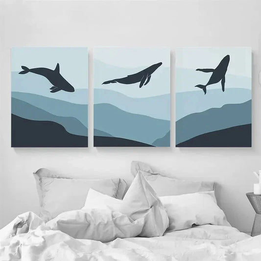3pcs Ombre Blue Triptych Whale Metal Print Ready to Hang Art