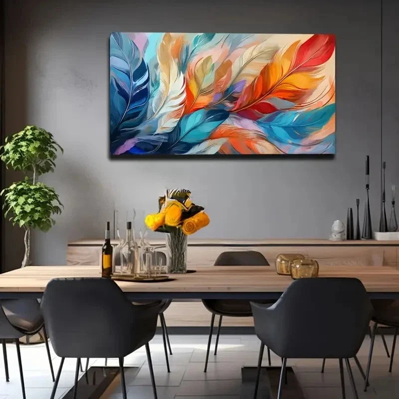 Vibrant Feather Wall Art Canvas Office Home Room Framed 80x45cm