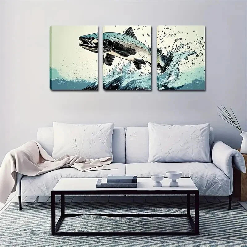 3pcs Vibrant Leaping Fish Wall Art Set Canvas Framed 40x60cm - High Quality Print 100% Australian Made Wall Canvas Ready to Hang