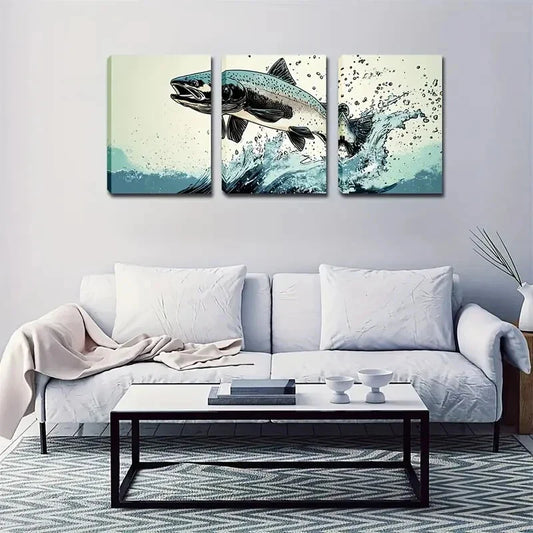 3pcs Vibrant Leaping Fish Wall Art Set Canvas Framed 40x60cm - High Quality Print 100% Australian Made Wall Canvas Ready to Hang