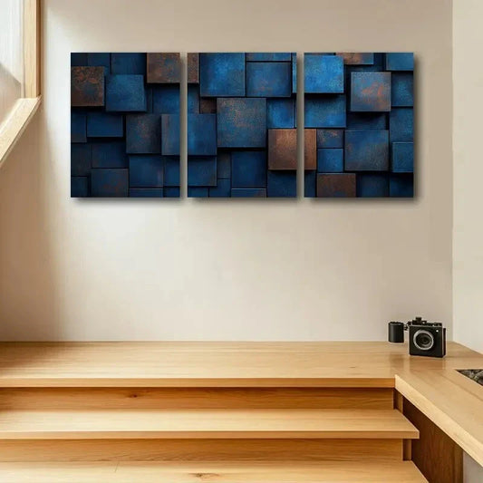 3pcs Color Block Design in Blue, Green & Brown Metal Print Ready to Hang Art