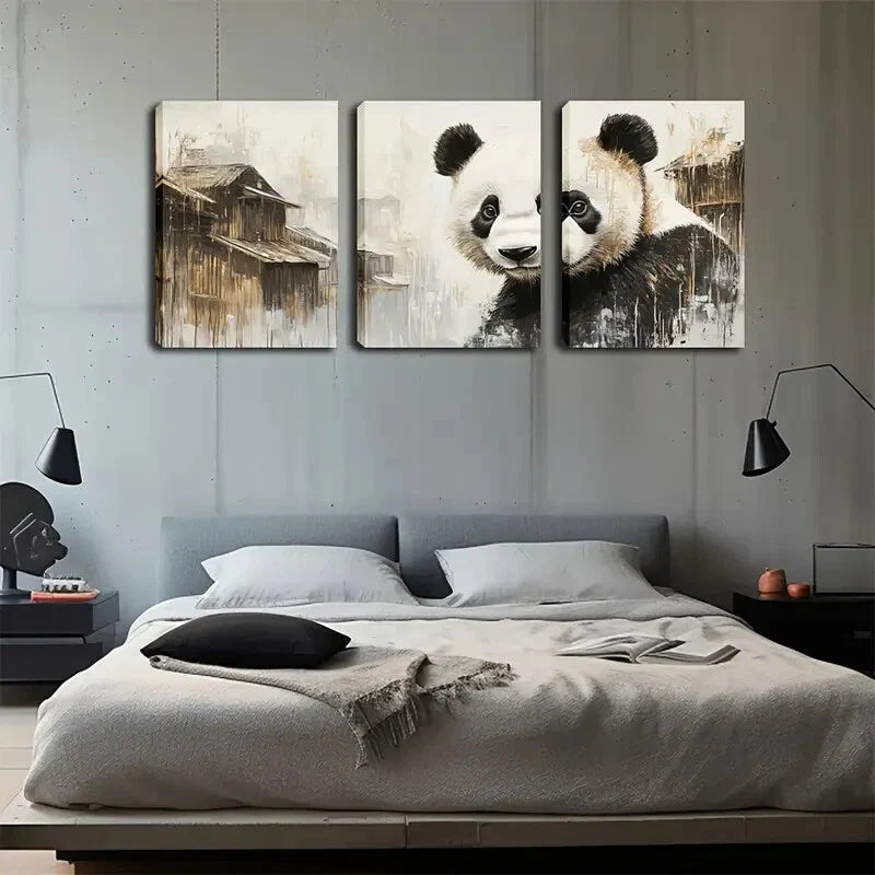 3pcs Charming Panda Traditional Building Perfect Wall Art Set Canvas Framed 40x60cm - High Quality Print 100% Australian Made Wall Canvas Ready to Hang