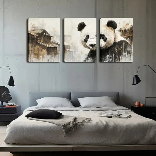 3pcs Charming Panda Traditional Building Perfect Wall Art Set Canvas Framed 40x60cm - High Quality Print 100% Australian Made Wall Canvas Ready to Hang