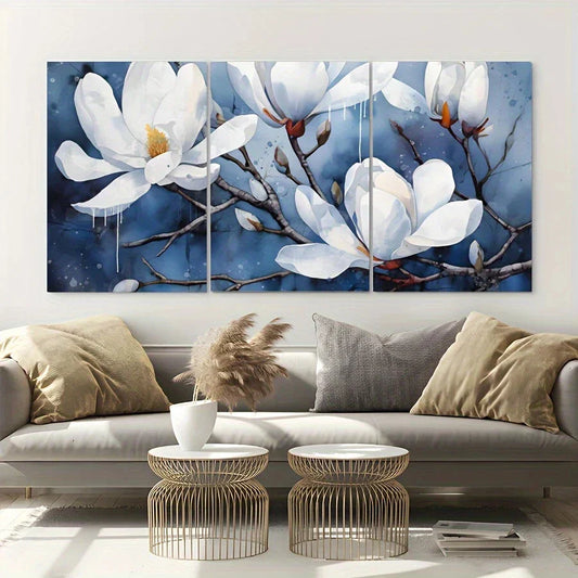 3pcs Blue Flower Painting Magnolia Metal Print Ready to Hang Art