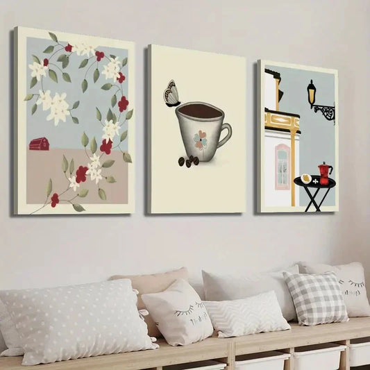 3pcs Coffee Butterfly Tree Botanical Flower Wall Art Set Canvas Framed 40x60cm - High Quality Print 100% Australian Made Wall Canvas Ready to Hang