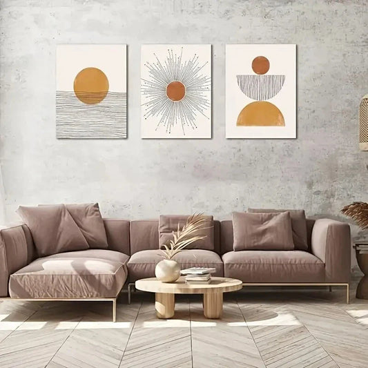3pcs  Geometric Orange Sun Rising  Metal Print Ready to Hang Art