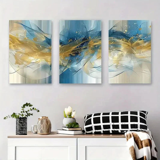 3pcs Abstract Blue and Golden Swirls Metal Print Ready to Hang Art